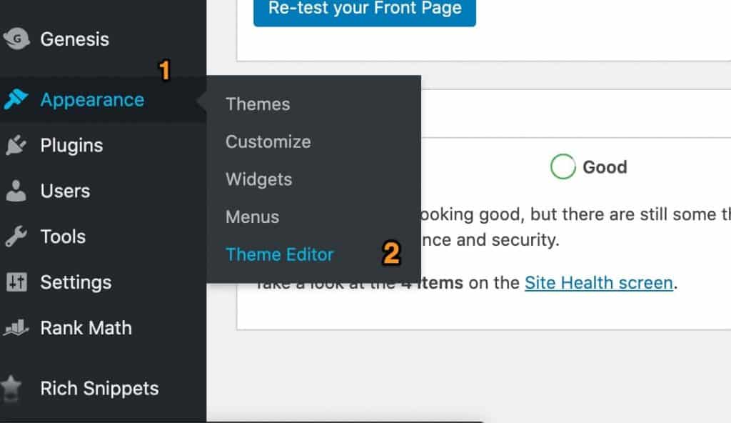 Instructions on how to enter the WordPress theme editor