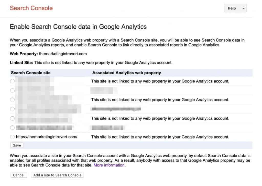 Select Google Search Console Property to Add to Google Analytics