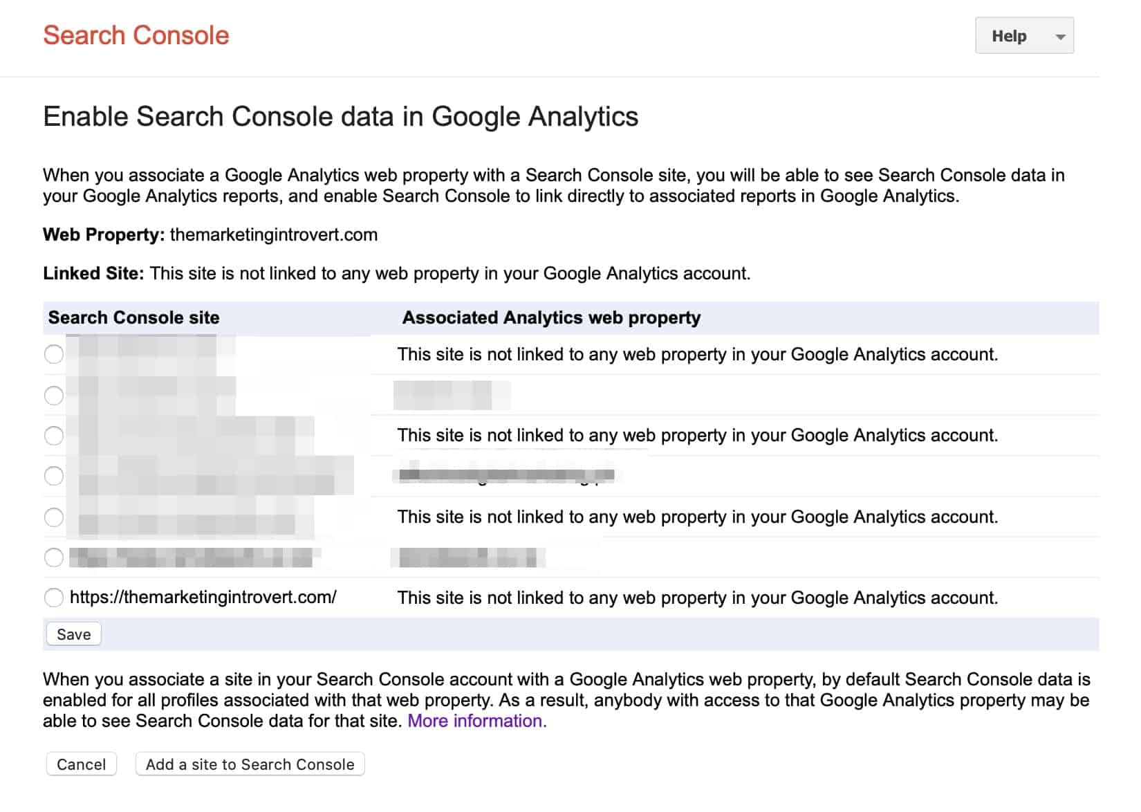 Select Google Search Console Property to Add to Google Analytics
