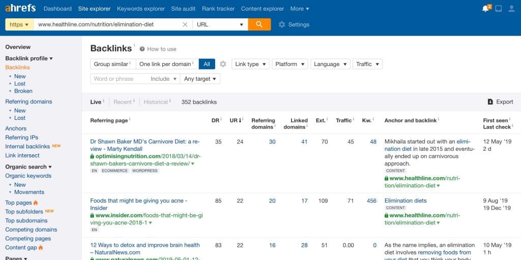 Ahrefs backlinks report on a particular URL