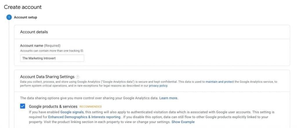 Setup Google Analytics Step 1: Enter Account Details