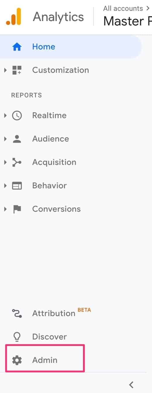 Admin Button in Google Analytics