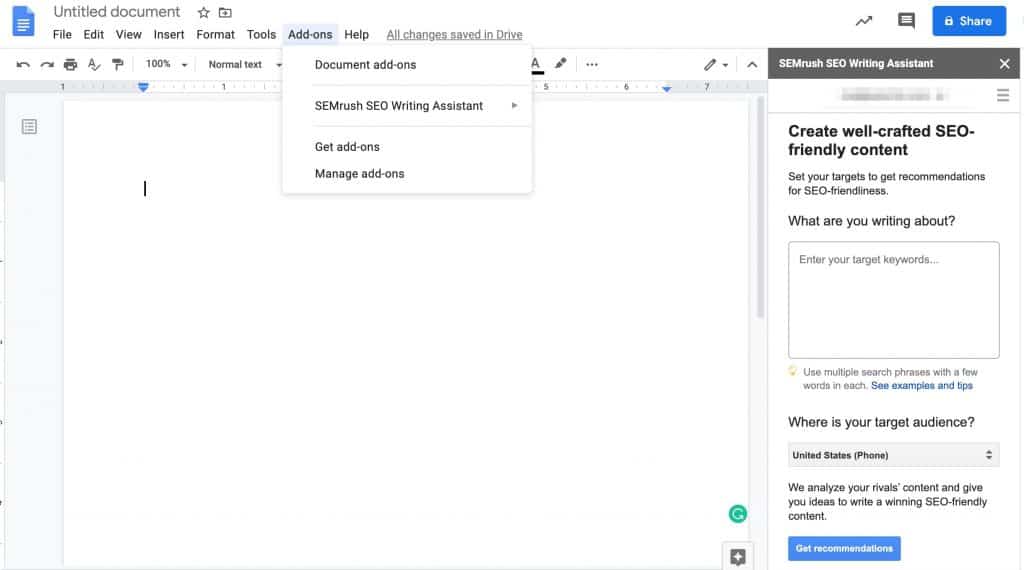 SEO Writing Assistant Addon in Google Docs