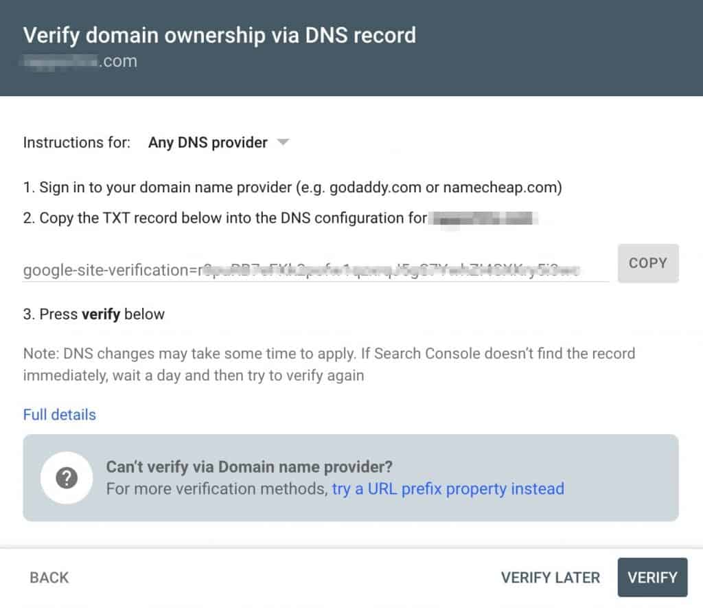 Add TXT record to verify ownership of Google Search Console