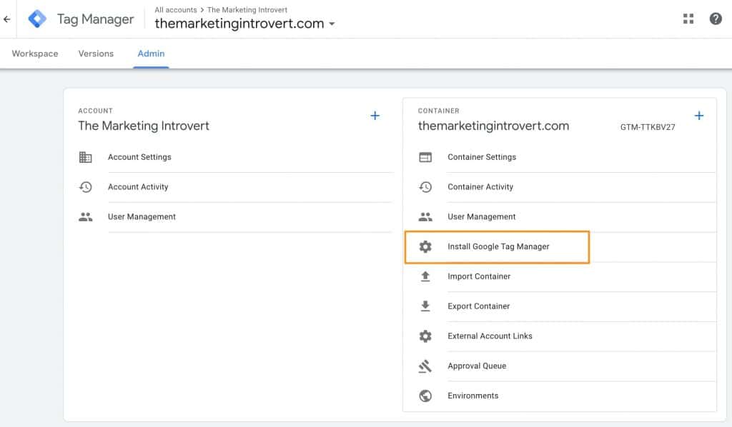 Admin settings on Google Tag Manager