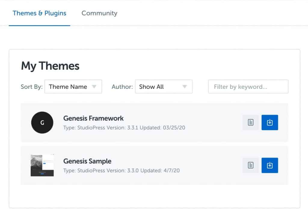 StudioPress account showing Genesis Framework