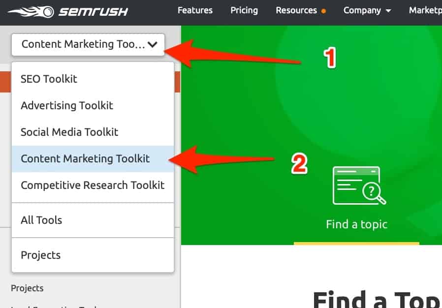 Access the Topic Research by heading to the Content Marketing Toolkit inside SEMRush