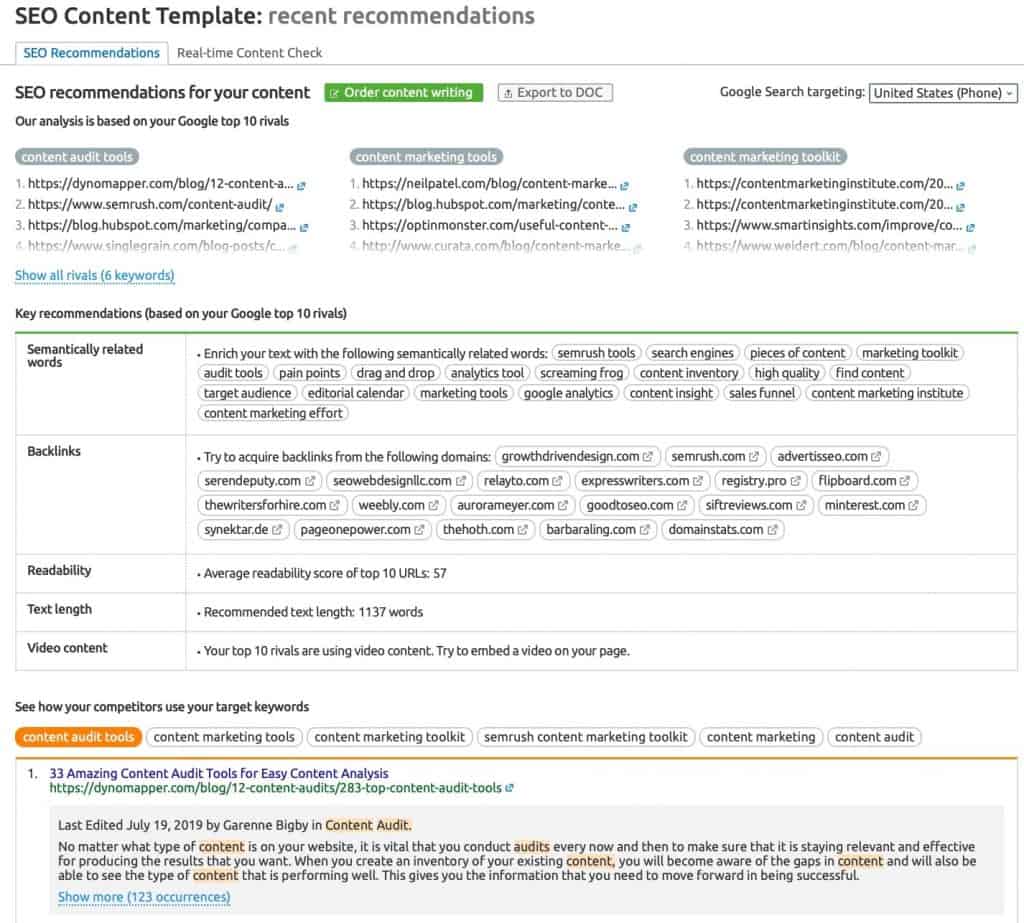 The SEMRush SEO Content Template shows you recommendations to beat rivals on Google