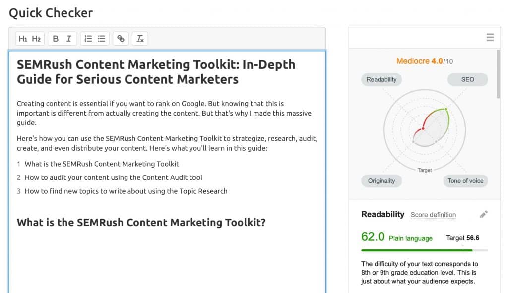 SEMRush Content Writing Assistant inside SEMRush