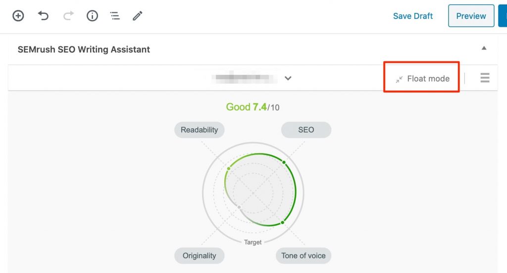 SEMRush SEO Writing Assistant WordPress plugin float mode