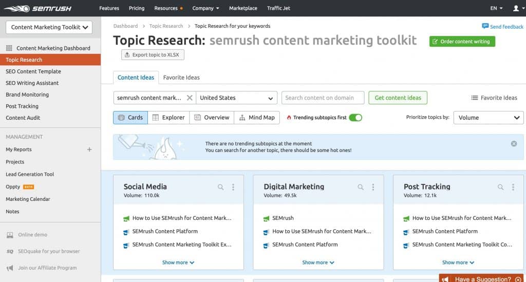 Topic Research Tool with search results