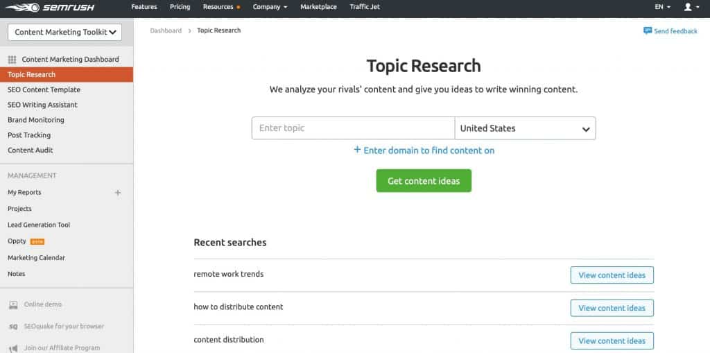 Use the Topic Research tool to quickly generate ideas for your content