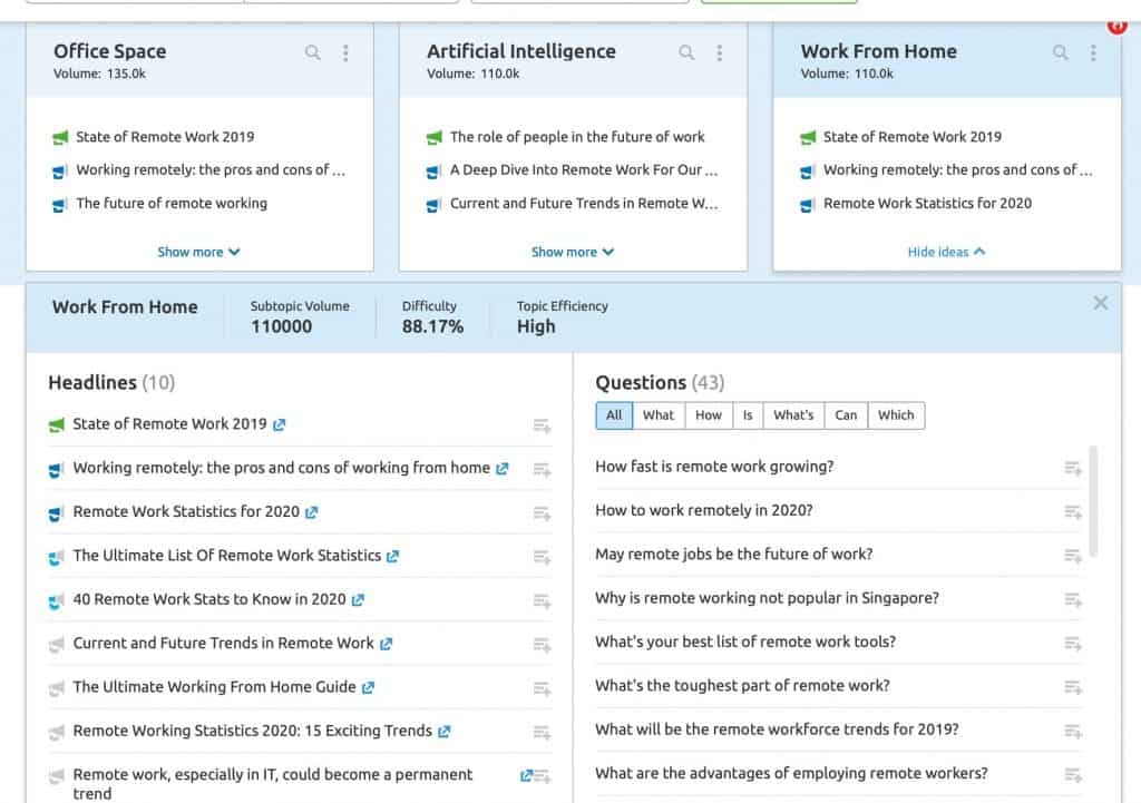 View details of the cards inside the Topic Research tool