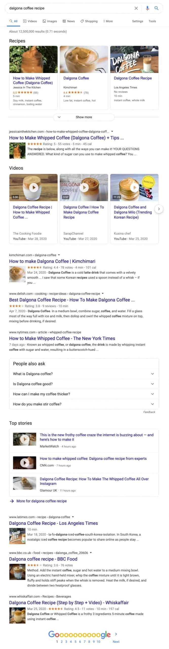 Google Search Resuls for Dalgona Coffee with Rich Results and Schema Markups