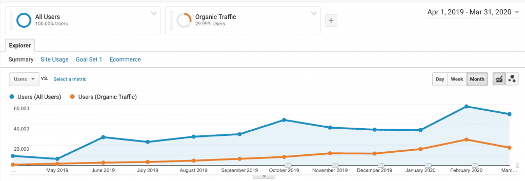 12-month user report in Google Analytics showing organic traffic as part of the entire website traffic