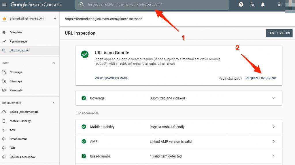 Submit URL for re-indexing in Search Console