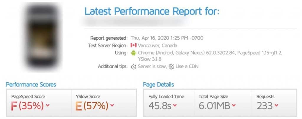 Sample GTMetrix Mobile Speed Test