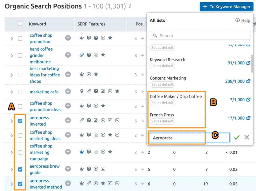 Add Keywords to Keyword Manager in SEMRush