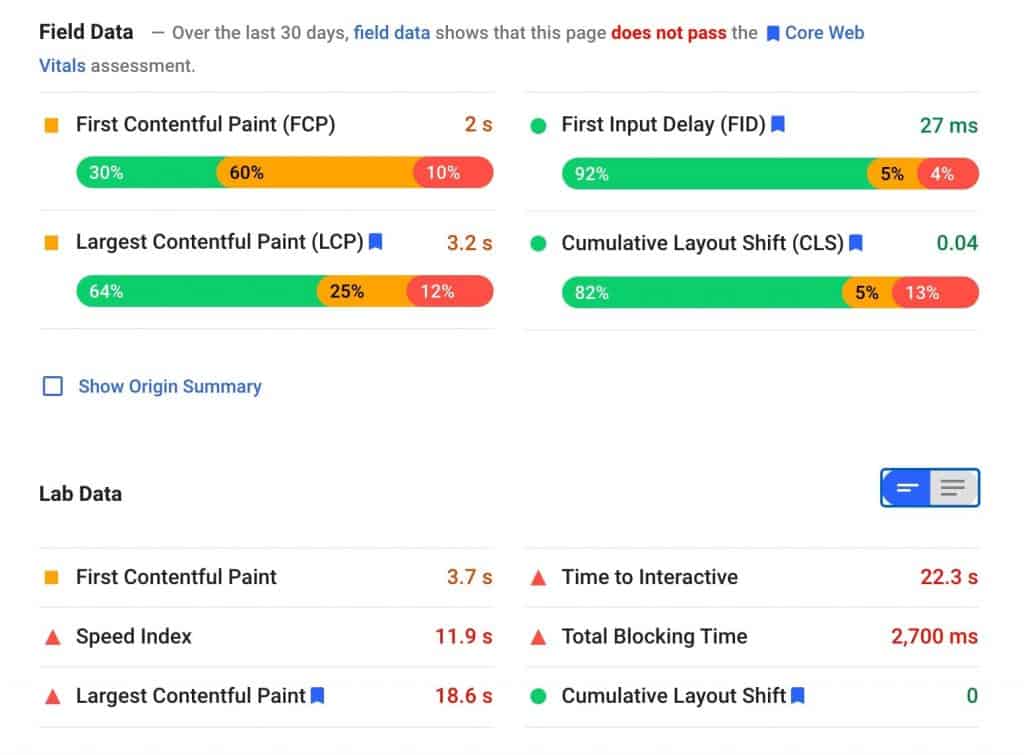 Core Web Vitals in PageSpeed Insights