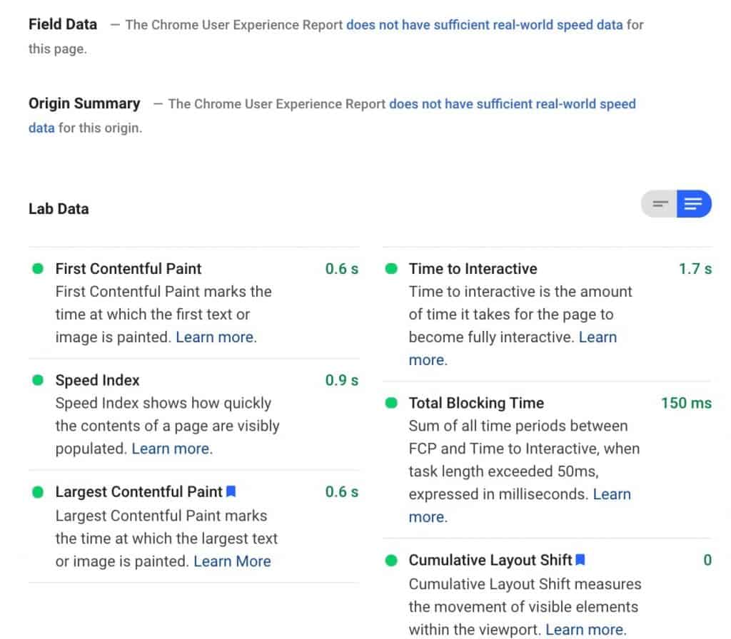 Core Web Vitals with No Field Data on Mobile - PageSpeed Insights