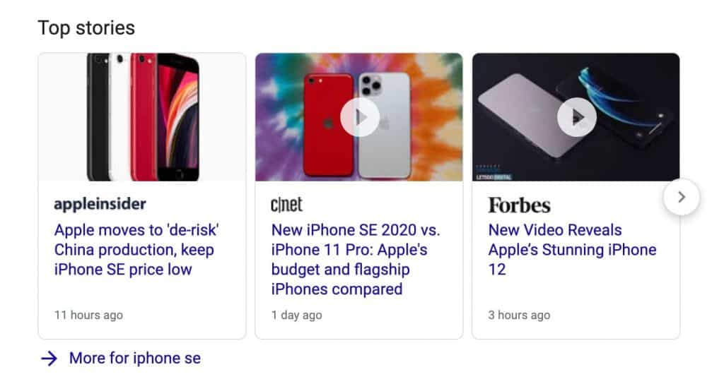 Google Search for iPhone SE Showing Mixed Content Types