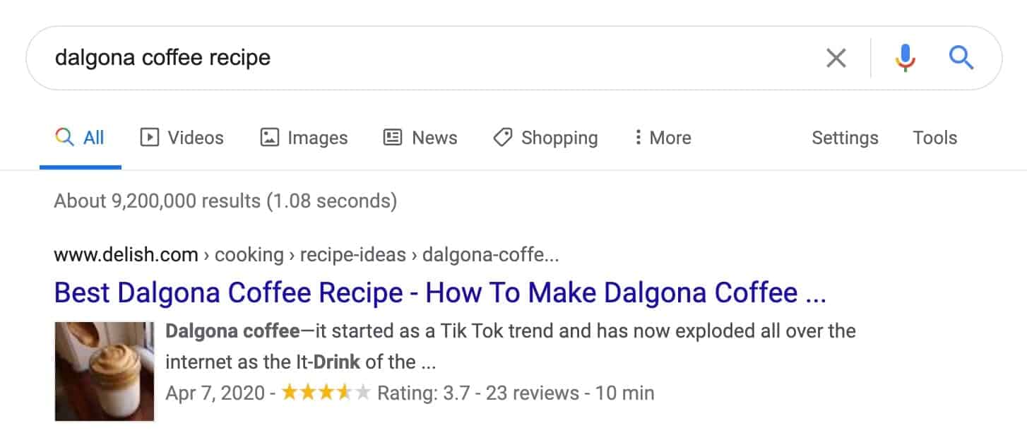 Sample search result with recipe schema