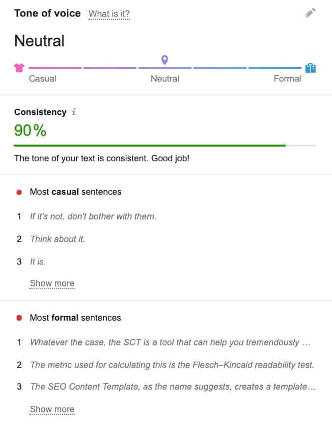 SEO Writing Assistant Showing Your Tone of Voice Scores