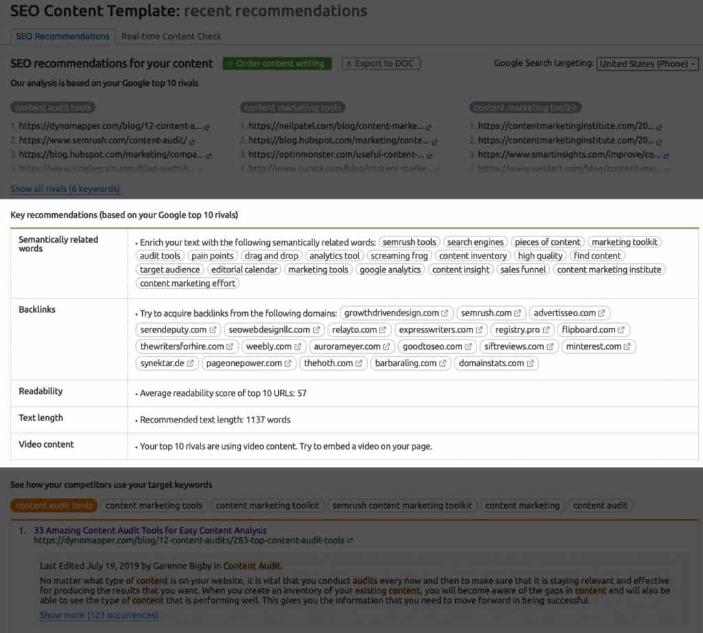 Key recommendations in the SEO Content Template including semantically-related keywords and backlinks