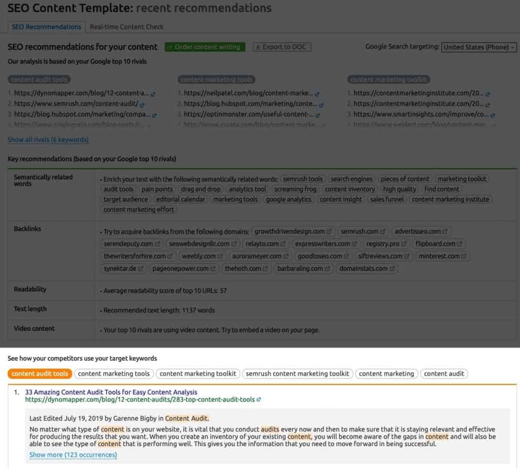 How the keywords are used by competitors in the SEO Content Template