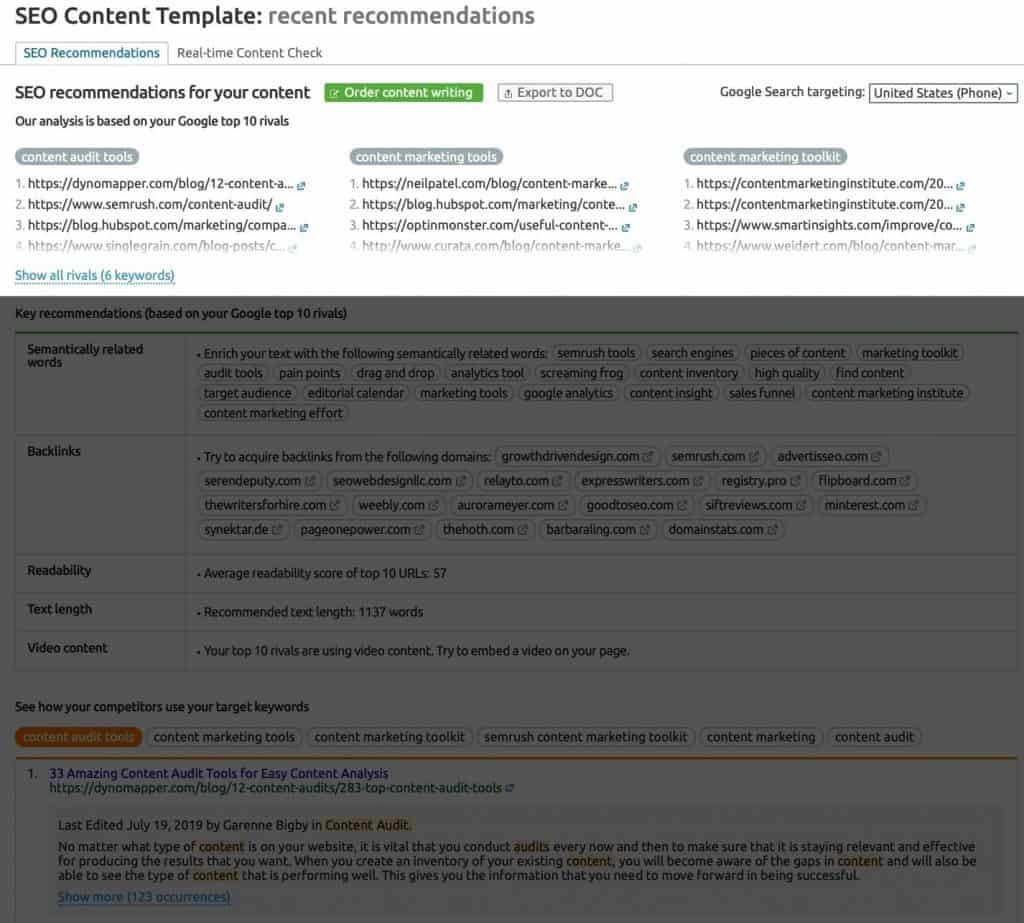 Top 10 rivals for target keywords in the SEO Content Template