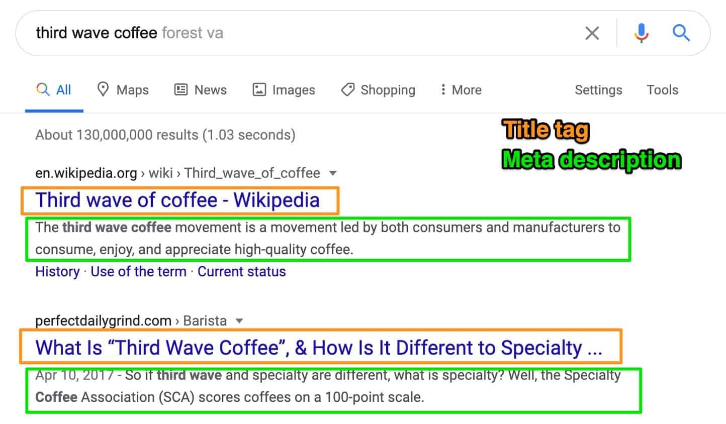 SERP example showing title tags and meta descripitons