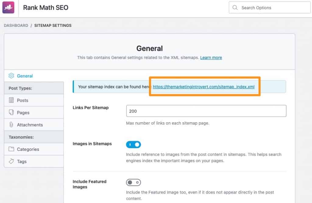 Get your sitemap index (URL) from Rank Math