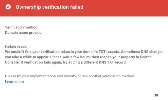 Failed Verification Notice in Google Search Console