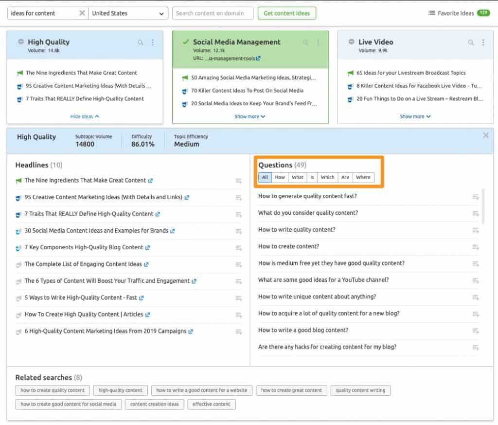 Toggling through questions in the topic research tool