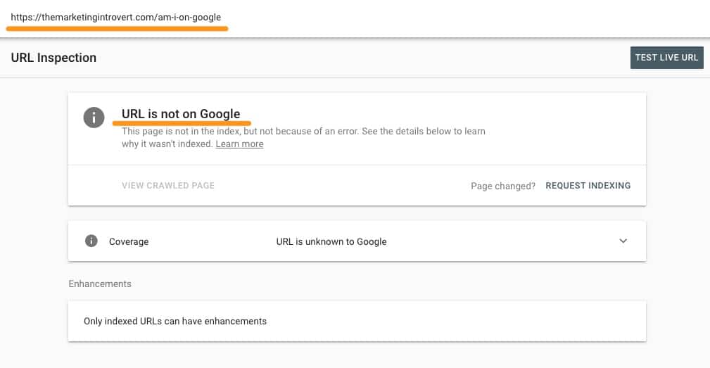 URL Inspection Tool Showing Page Isn't on Google